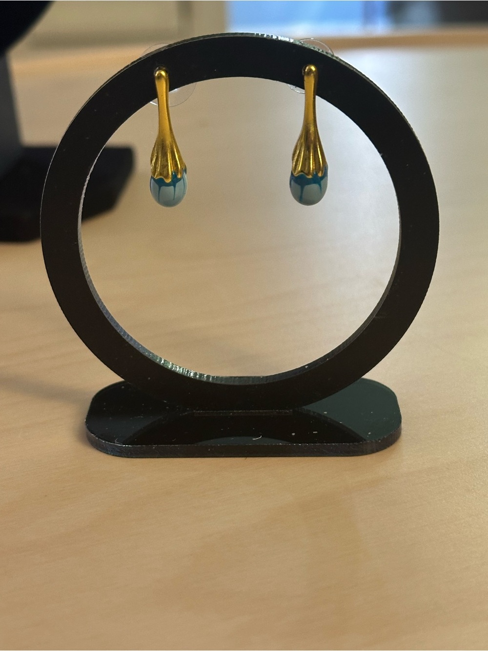 Blue and Gold-Tone Long Tear-Drop Shaped Earrings